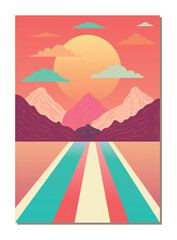Abstract landscape background, Psychedelic Decorative Templates for Posters, Covers, Illustrations, 1980s - 1990s Candy Palette Colors. Psychedelic scenery road with mountains, sunrise and clouds