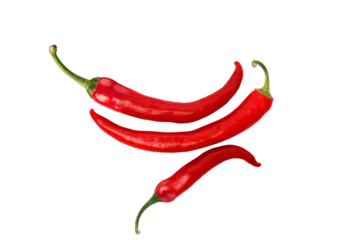Fotobehang Chili Pepers Three red hot chili peppers on transparent background png  © Nofi