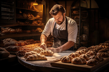 Pastry Chef in Artisan Bakery Carefully Arranging Freshly Baked Croissants, Showcasing Culinary Craftsmanship and Passion for Baking - obrazy, fototapety, plakaty
