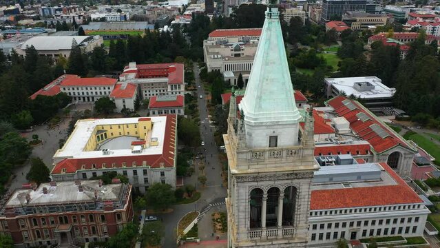 Aerial tilt shot rising in front of the Campanile, Sather Tower in Berkeley, USA
