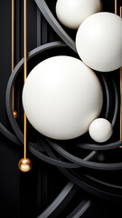 Abstract black background with white balls and golden elements. Copy space.