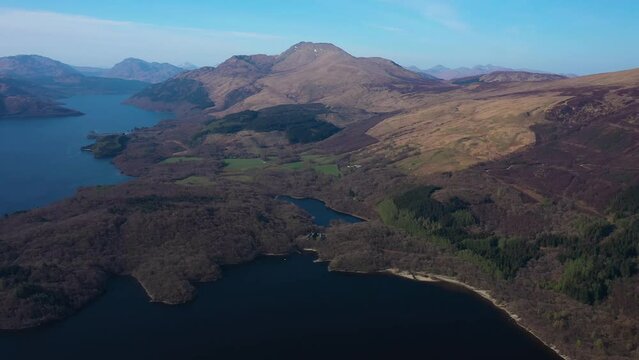 Aerial Pan To Reveal Ben Lomond Over Loch Lomond, Scotland, United Kingdom.