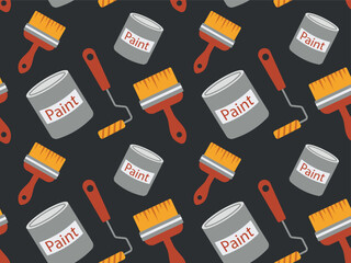 Seamless pattern with cans of paint, brush and roller for painting walls on a black background. Vector illustration of a continuing pattern for wallpaper, textile, wrapping paper.