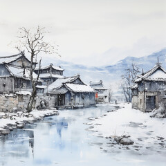 Winter Old Town Village Serene Minimalistic Painting