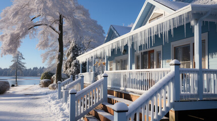 Protect your home from the dangers of freezing weather by implementing measures to prevent ice dams and the formation of perilous icicles on your rooftop. - obrazy, fototapety, plakaty