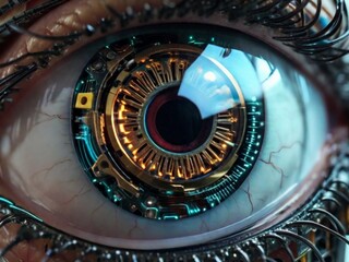 Digital Surveillance Extreme Close-Up of Robotic or Bionic Eye with Advanced Circuitry