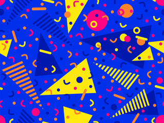 Memphis seamless pattern with geometric shapes in 80s and 90s style. Geometric shapes of different shapes and colors. Design of promotional products, wrapping paper and printing. Vector illustration