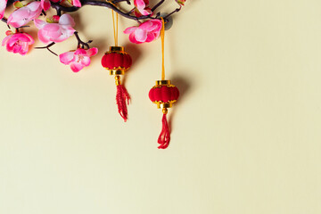 Chinese lantern, lunar new year decoration, on beige background.