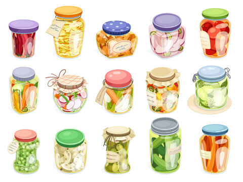 Preserved vegetables. Pickled food glass jars homemade marinades, kitchen meal preservation canning fruit tomatoes cabbage salad conserve peas cucumber neoteric vector illustration