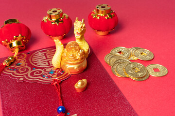 Chinese new year 2024, dragon zodiac sign, lantern, asian elements, on red background.