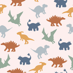 Baby seamless pattern with dinosaurs. Funny flat animals. Colorful childish print with Dino. Creative vector background in Scandinavian style. Cute cartoon dinosaurs. Boho nursery design