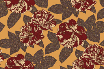 Seamless Pattern with Dark Red and Cream Roses and Grey Leaves on Sandy Brown Backdrop. Wallpaper Design for Print, Cover, Fabric, Wrapping Paper, Packaging, Cosmetics, Beauty Products