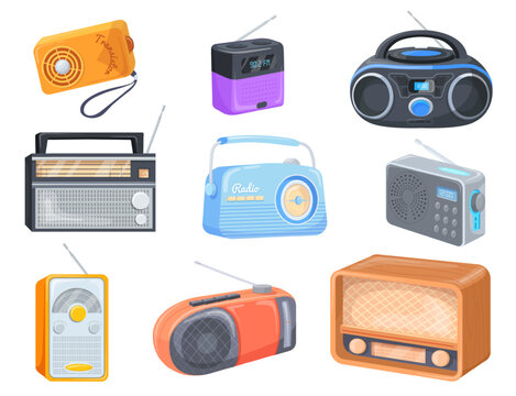 Cartoon radio receiver. Retro modern radios tuners with antenna for listening music or news channel on fm frequency, stereo audio broadcast communication neat vector illustration