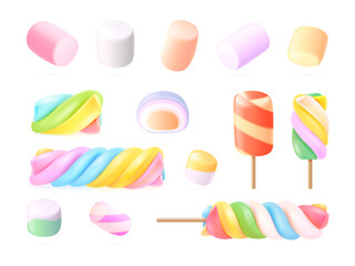 Realistic marshmallows. 3d marshmallow or twisted gummy candy, color swirl lollipops gelatin spiral sweets pink pastel on stick for toasting - obrazy, fototapety, plakaty