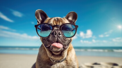 Funny dog on the beach wearing sunglasses