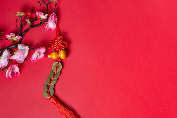 Traditional chinese new year decoration knots on red background.