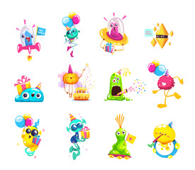 Monster birthday party. Goofy monsters toy with balloon cupcake halloween kid holidays, silly funny troll creature character, alien space child surprise classy vector illustration