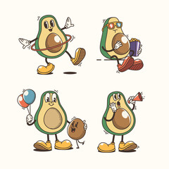 Set of Traditional Funny Avocado Cartoon Illustration with Varied Poses and Expressions