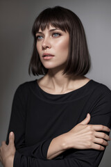 Fototapeta premium Beautiful woman portrait in black stands on a gray background