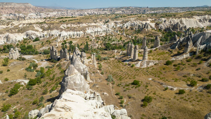 Fairy chimneys. Fairy chimneys in Cappadocia. Aerial view. Turkey tourist attractions © enezselvi
