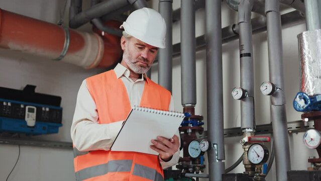 Competent male worker writing report in notepad about serviceability of factory equipment. Serious caucasian manager in uniform standing in boiler room engineer. Heating of factory or business center.