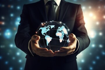 Businessman touching global network and data exchanges over the world 3D rendering Generative Ai