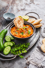 Homemade vegan Harissa carror and lentil spread with flatbread