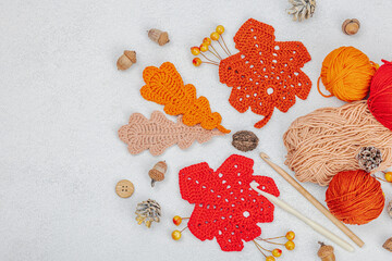 Set of clew of thread for knitting. Crocheted different leaves, handmade, autumn hobby concept