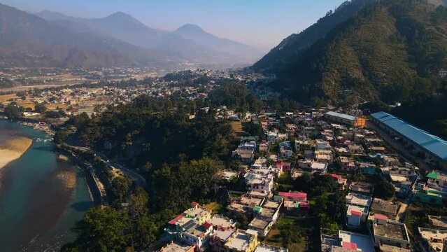 Aerial view of Srinagar city in Pauri Garhwal, the Indian state of Uttarakhand. located at the bank of Alaknanda river, 4K Indian city Drone shot.