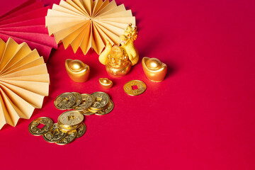 Traditional chinese coins, chinese dragon new year concept, on red background.