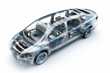 Projection of a modern car. 3D graphic visualization shows the analysis and optimization of a fully developed vehicle prototype. Modern technologies of mechanical engineering.