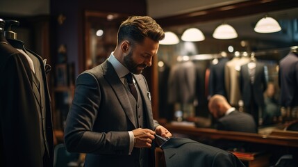 Scene in a men's suit tailor, formal suit shop. A gentlemen wearing a size measurement jig suit. Well dressed gentleman, of a tailored suit shop - obrazy, fototapety, plakaty