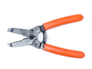Wire stripping pliers with orange handles isolated on white background.