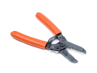 Wire stripping pliers with orange handles isolated on white background.