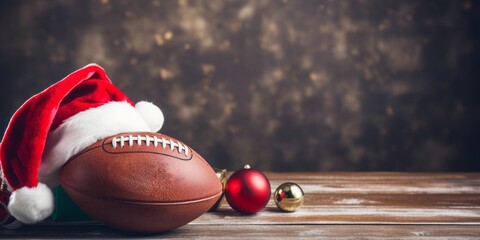Close up of American football with a Santa hat on it. Wooden table and blurred background.