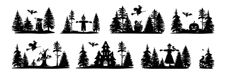 halloween set vector silhouette forest