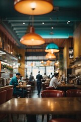 Blur coffee shop or cafe restaurant, Blurred restaurant background with some people and chefs and waiters working. Generative Ai.