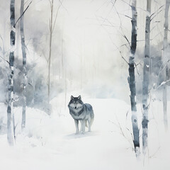 Watercolor Wolf in Winter Forest serene