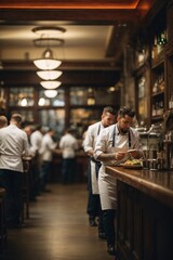 Blur coffee shop or cafe restaurant, Blurred restaurant background with some people and chefs and waiters working. Generative Ai.