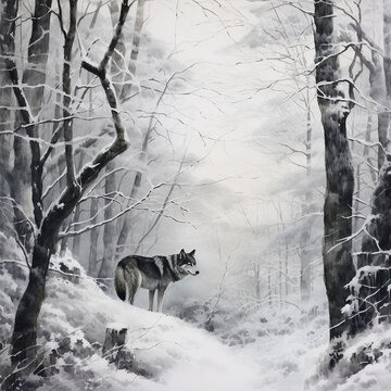 Watercolor Wolf in Winter Forest serene