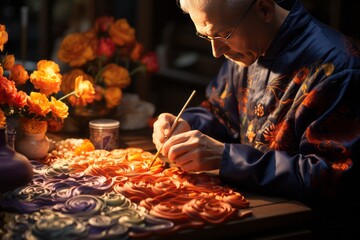 Skilled artisan's hands meticulously embroidering an intricate pattern, Generative AI