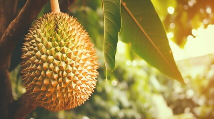 Ripe durians growing on trees in orchard, background.