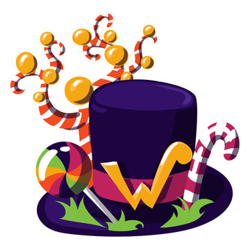 Purple hat with candy. The world of Willy Wonka hat with fictional sweets. The chocolate factory. Willy Wonka chocolate. Striped caramels, trees, grass, a W sign on a white background grow on the hat