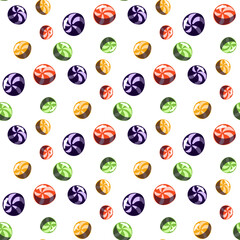 Seamless pattern with striped balls, colorful caramel candies. Vector cartoon background with sweet jelly beans with spiral pattern, caramel Willy Wonka balls. Chocolate factory and sweets on a white