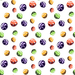 Seamless pattern with striped balls, colorful caramel candies. Vector cartoon background with sweet jelly beans with spiral pattern, caramel Willy Wonka balls. Chocolate factory and sweets on a white
