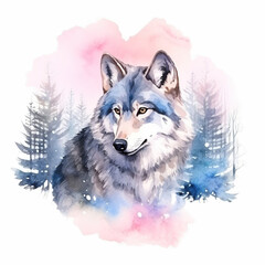 Watercolor Winter Wolf In Forest Serene