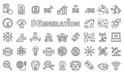 5G icon set in line design. 5G, Internet, Speed, Connection, Network, Wireless, Technology vector illustrations. Editable stroke icons. - obrazy, fototapety, plakaty