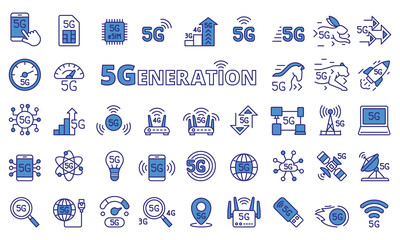 5G icon set in line design blue. 5G, Internet, Speed, Connection, Network, Wireless, Technology vector illustrations. Editable stroke icons. - obrazy, fototapety, plakaty