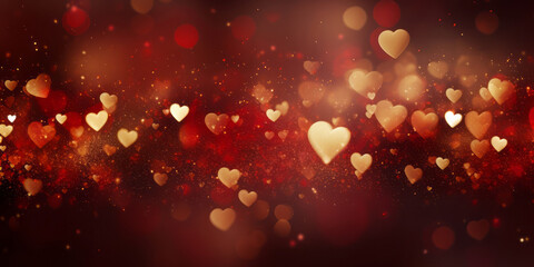 Golden bokeh in the shape of hearts on red background. Celebrating Valentine's day. - obrazy, fototapety, plakaty