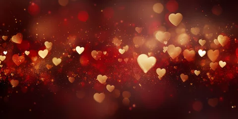 Foto op Canvas Golden bokeh in the shape of hearts on red background. Celebrating Valentine's day. © Anna